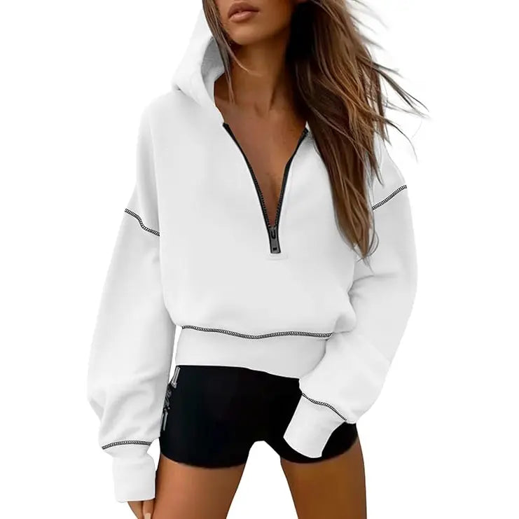 GRETEL™ - Snygg huvtröja med dragkedja och sömmar för kort pullover