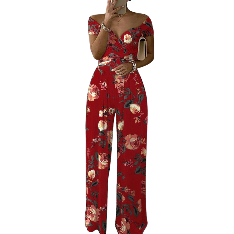 CHYNA™ – Blommig jumpsuit med bara axlar och omlott