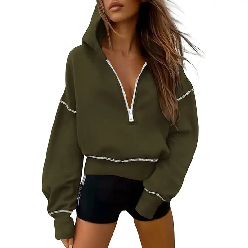 GRETEL™ - Snygg huvtröja med dragkedja och sömmar för kort pullover