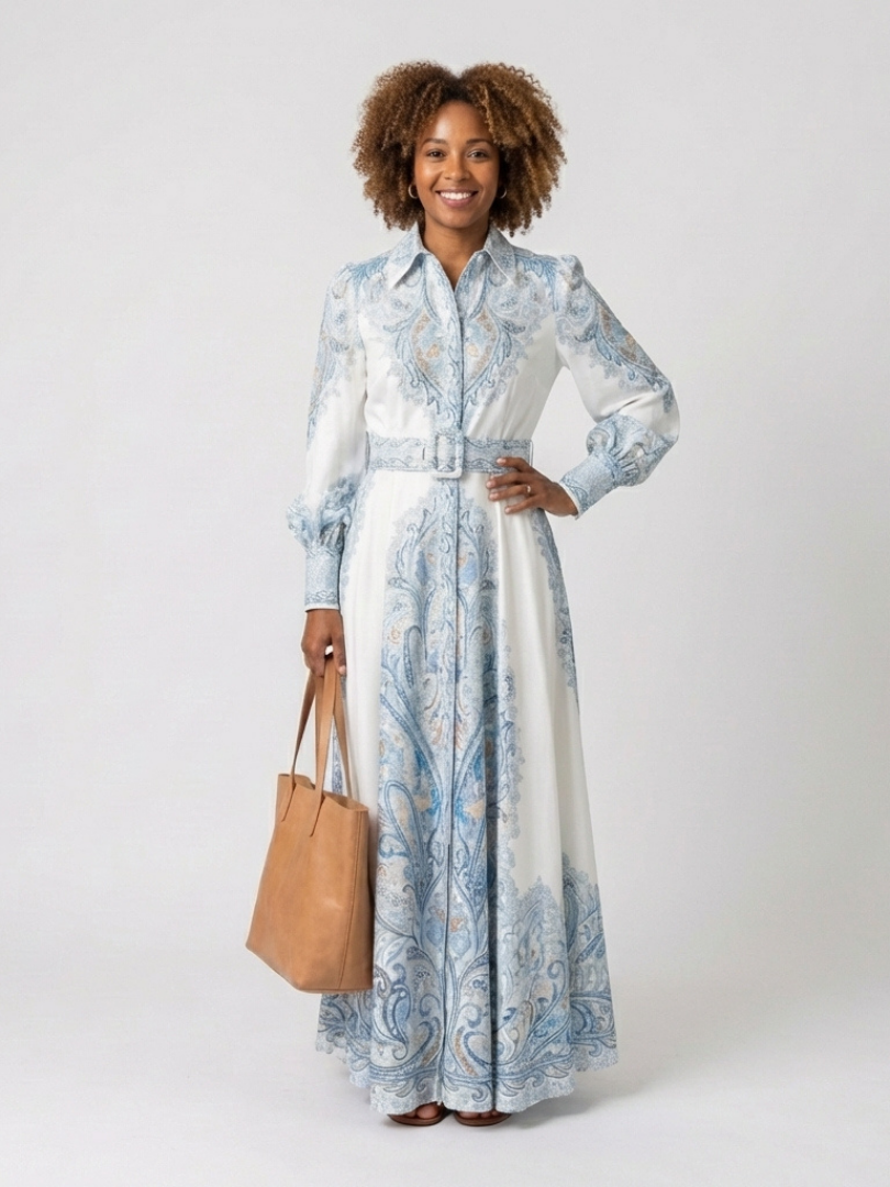Sierra - Höghalsad Mönstrad Långärmad Maxiklänning