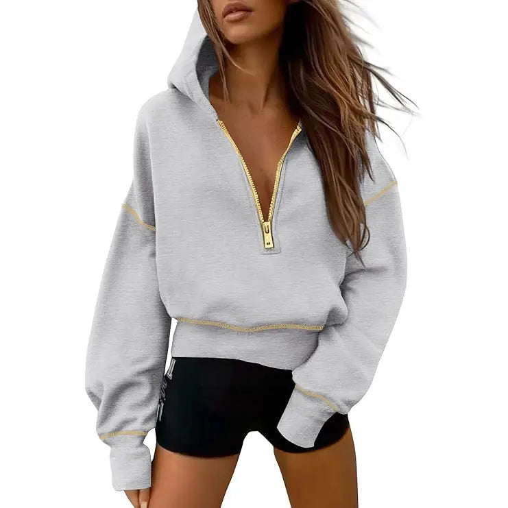 GRETEL™ - Snygg huvtröja med dragkedja och sömmar för kort pullover