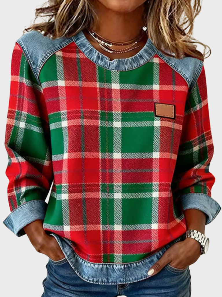 Darlene™ Cozy Checkered Patchwork Sweatshirt