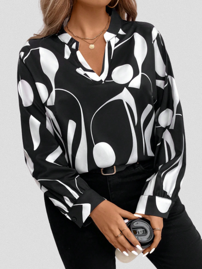 Vivian™ Satin Abstract V-Neck Blouse