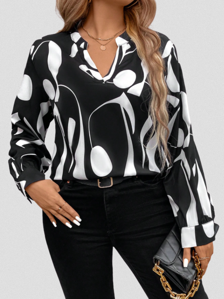 Vivian™ Satin Abstract V-Neck Blouse