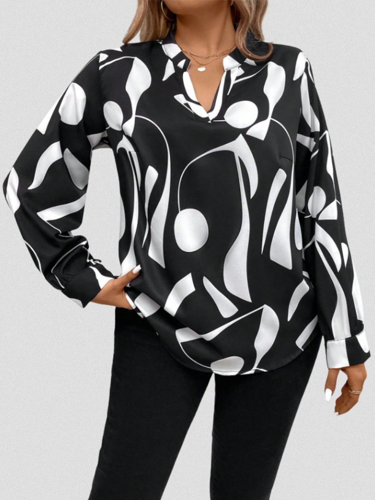 Vivian™ Satin Abstract V-Neck Blouse