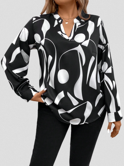 Vivian™ Satin Abstract V-Neck Blouse