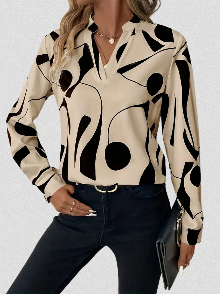 Vivian™ Satin Abstract V-Neck Blouse