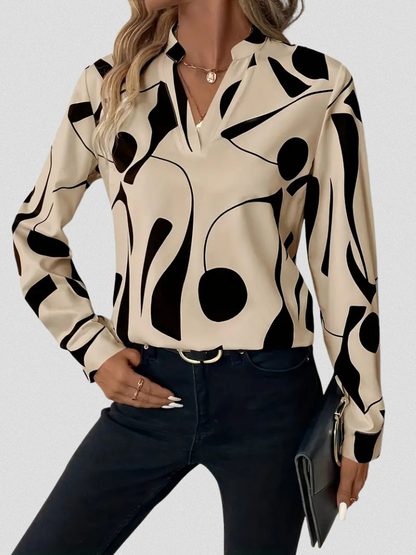 Vivian™ Satin Abstract V-Neck Blouse