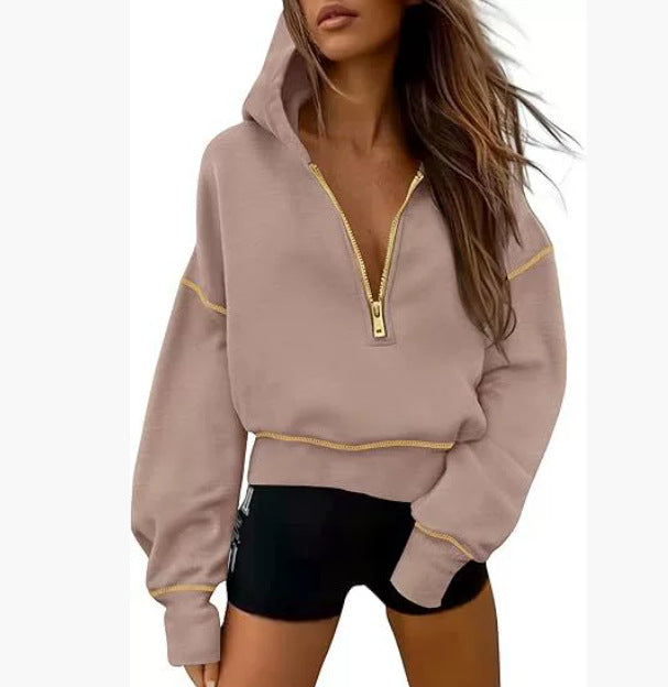 GRETEL™ - Snygg huvtröja med dragkedja och sömmar för kort pullover