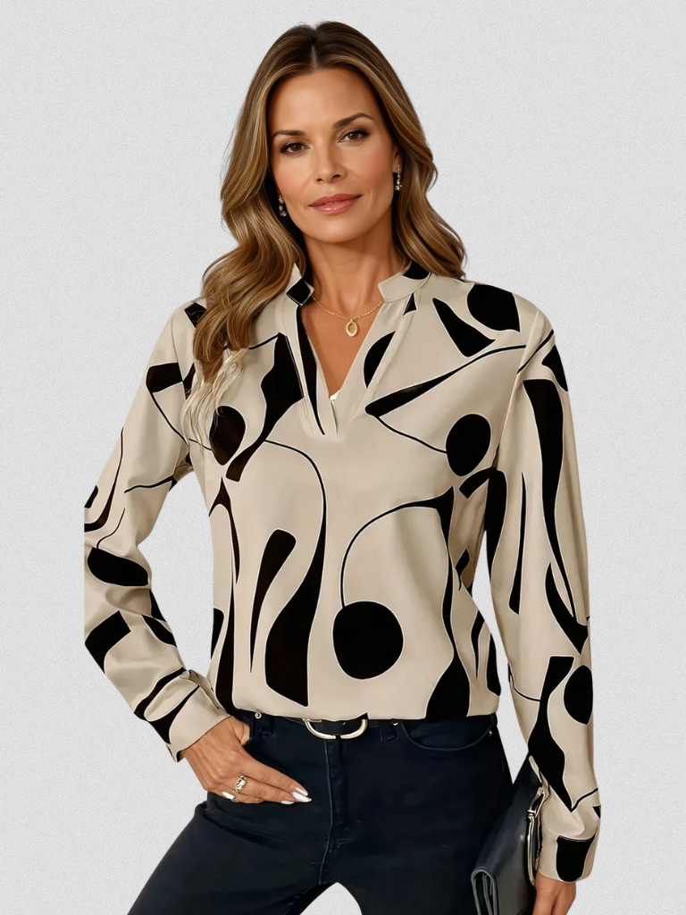 Vivian™ Satin Abstract V-Neck Blouse