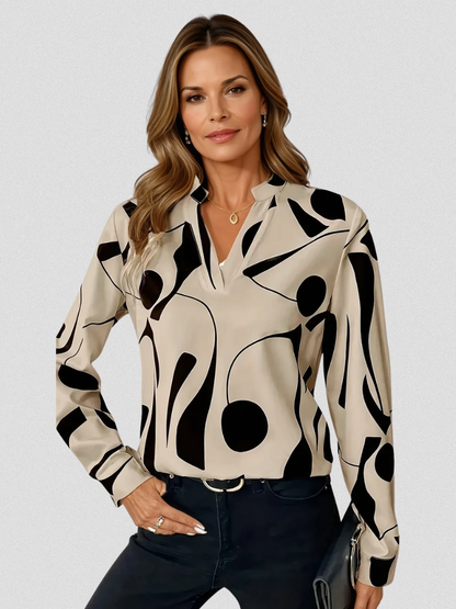 Vivian™ Satin Abstract V-Neck Blouse