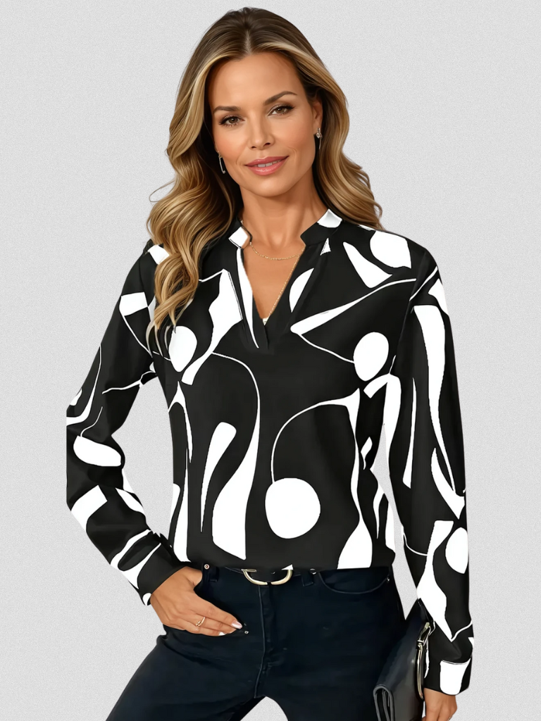 Vivian™ Satin Abstract V-Neck Blouse