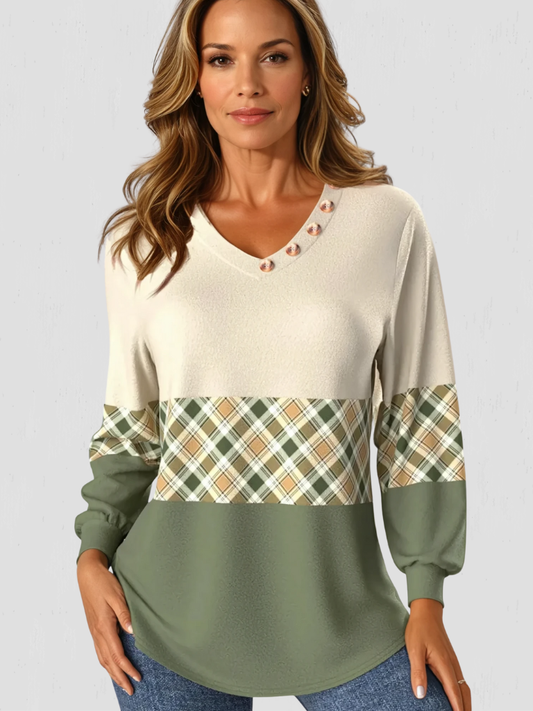 Olivia™ Cozy Plaid Detail Knit Top
