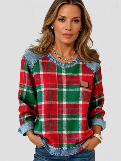 Darlene™ Cozy Checkered Patchwork Sweatshirt