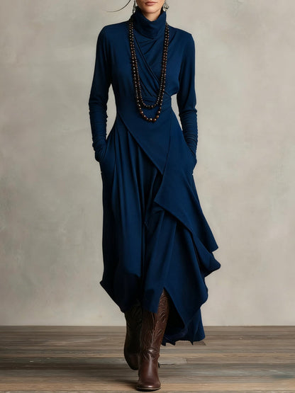 Lonnie | Elegant Asymmetrisk Draperad Maxiklänning med Hög Hals