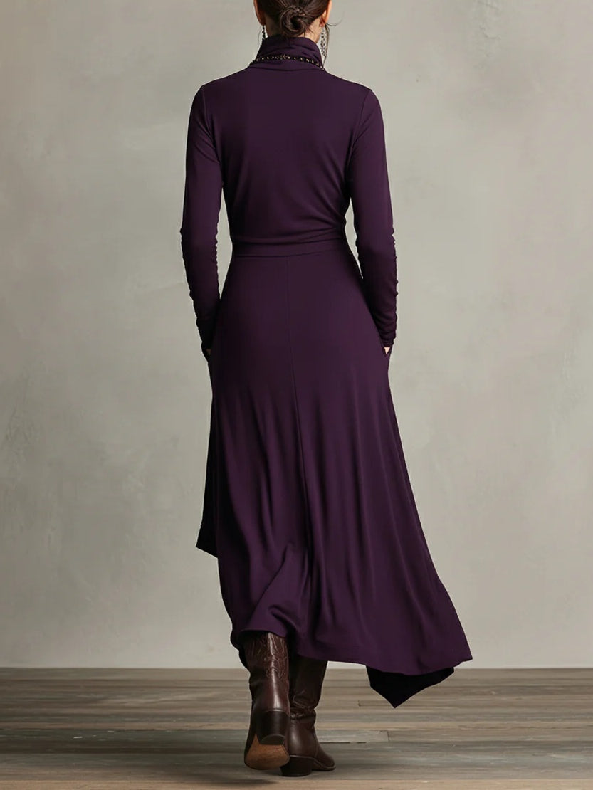 Lonnie | Elegant Asymmetrisk Draperad Maxiklänning med Hög Hals