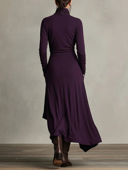Lonnie | Elegant Asymmetrisk Draperad Maxiklänning med Hög Hals