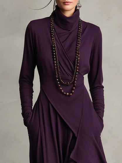 Lonnie | Elegant Asymmetrisk Draperad Maxiklänning med Hög Hals