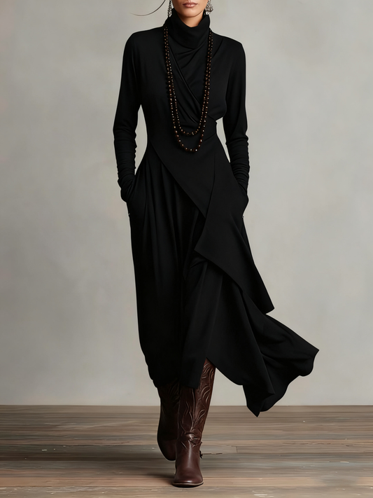 Lonnie | Elegant Asymmetrisk Draperad Maxiklänning med Hög Hals