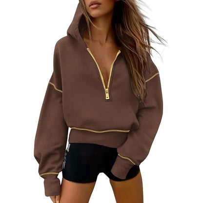 GRETEL™ - Snygg huvtröja med dragkedja och sömmar för kort pullover