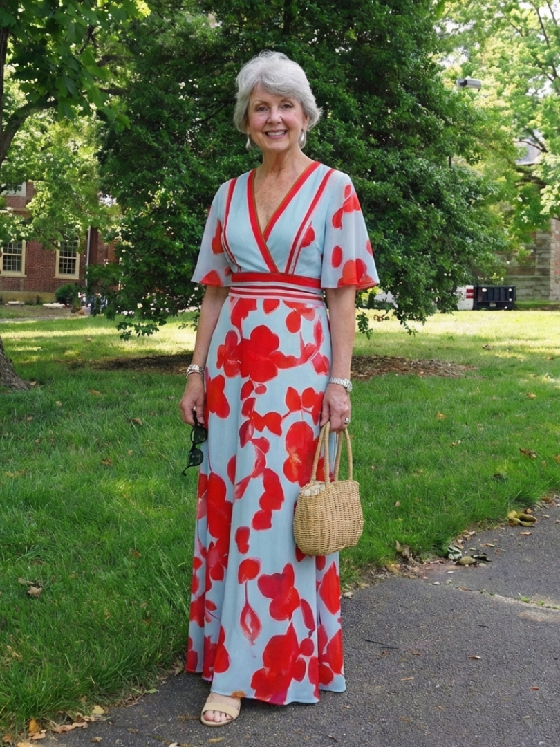 Corinne - V-ringad kortärmad blommig maxiklänning