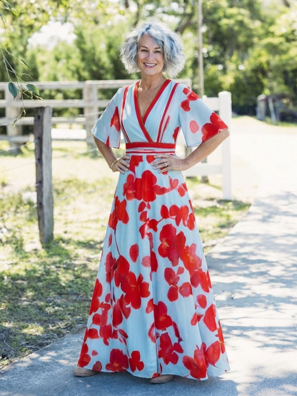 Corinne - V-ringad kortärmad blommig maxiklänning